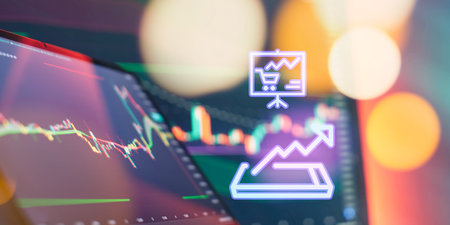 Digital financial dashboard with stock market chart and shopping cart analyticsの写真素材