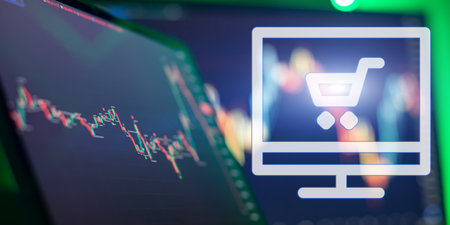 Abstract financial trading screen with stock market candlestick chart and e-commerce shopping cart symbolsの写真素材