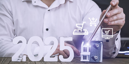 2025 Digital Real Estate Investment: Stylus Highlighting Smart Home with E-Commerce Icons and Financial Growthの写真素材
