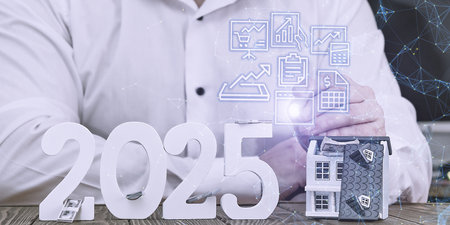 Digital finance and real estate technology 2025: a pen interacting with smart financial icons and a house model representing the futureの写真素材