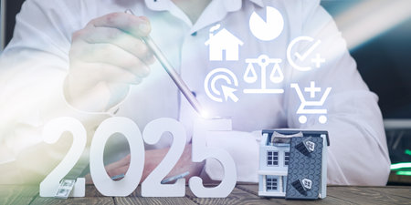 Digital finance and real estate technology 2025: a pen interacting with smart financial icons and a house model representing the futureの写真素材