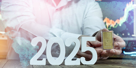2025 investment strategies: hands holding gold bar with financial growth and world market graphs on