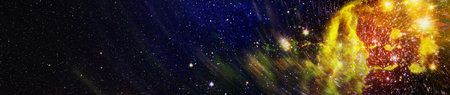 Vivid skyscape with bright star, distant galaxies and countless stars in deepの写真素材
