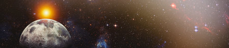 breathtaking view of the lunar surface illuminated by the bright sun against a starry cosmicの写真素材