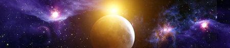 breathtaking view of the lunar surface illuminated by the bright sun against a starry cosmicの写真素材