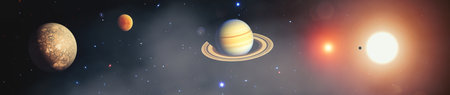 Solar System Featuring Multiple Planets, Saturn's Rings, and Radiant Suns in a Starry Universeの写真素材