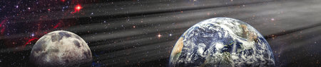 Stunning space view of Earth and Moon against a backdrop of stars and glowing cosmic nebulaeの写真素材