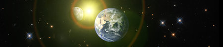 stunning view of the Earth and Moon illuminated by the bright Sun against a backdrop of starry spaceの写真素材