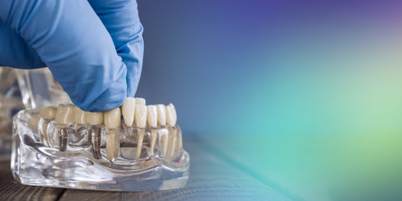 Close-up of a dental implant model with a gloved hand showing the adjustment of prosthetic teeth on...