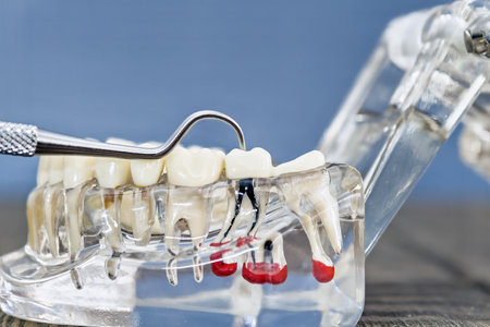 Detailed Dental Anatomy Model with Metal Instrument Demonstrating Root Canal Structure and Toothの写真素材