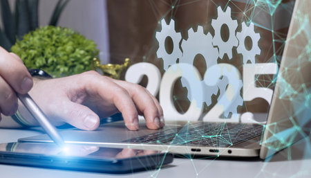 Futuristic workflow automation and technology integration in 2025, digital solutions presented with...