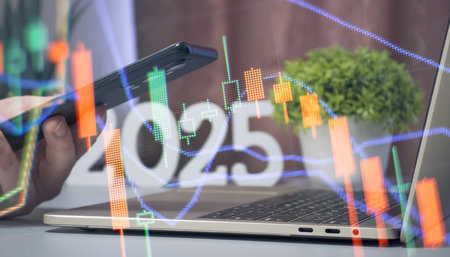 Modern Financial Analysis Concept with Technology Integration - Candlestick Chart Overlay on Digital...