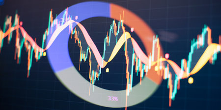 Financial chart with up trend line graph. Stock market or forex trading graph and candlestick chart suitable for financialの写真素材