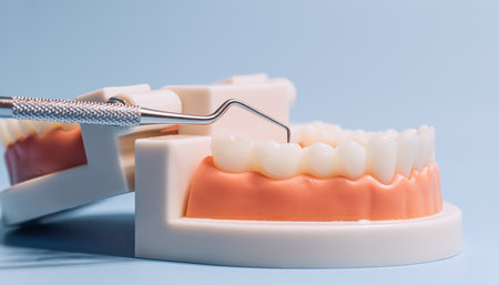 Close-up of a dental model with a gloved hand holding a scaler tool, demonstrating teeth cleaning...