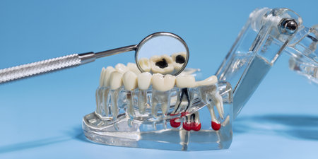 Dental model showing tooth decay with mirror