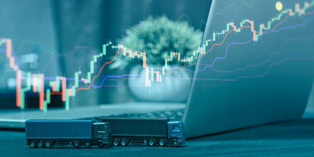 Logistics and Financial Market Analysis Workspace Featuring Candlestick Chart on Laptop, Miniature Toy Trucks, and Green Plant in a Modern Office Desk Environmentの写真素材