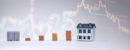 Concept image of real estate market predictions for 2025, showing miniature houses,brick stacked and large numbers symbolizing the yearの写真素材