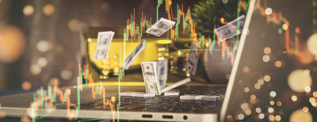Workspace for investment and profit in financial market with scattered moneyの写真素材