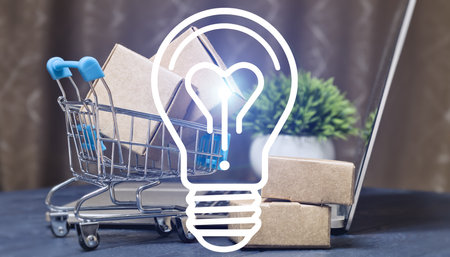 Visual Representation of Online Shopping, Bright Ideas, and Digital Marketplace Creativityの写真素材