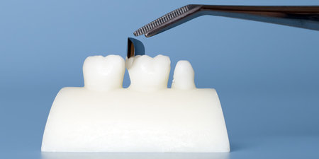 Dental sectional matrix contour system installation on a dummy on a blueの写真素材