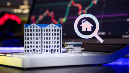 Miniature buildings, money stacks and house search icon, stock chart backgroundの写真素材