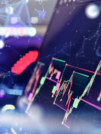 Close-up of a trading candlestick chart on a digital screen with abstract blockchain and network graphics representing modern financial tech.の写真素材