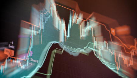 Financial chart showing price action with volatility indicators like Bollinger Bands, trend lines,...