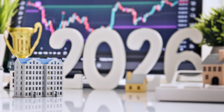 Miniature apartment building in front of bold 2026 numbers and financial chart, symbolizing real...