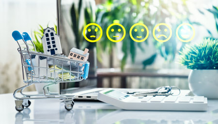 Miniature houses in shopping cart with floating smiley icons, representing customer sentiment in real estate purchasing and investment evaluation.の写真素材