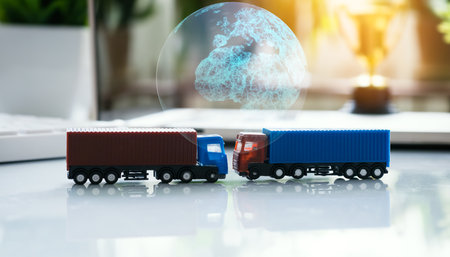 Two Toy Container Trucks Facing Each Other with Digital Globe Hologram Representing Worldwide Cargo Trade and Supply Chain Technologyの写真素材
