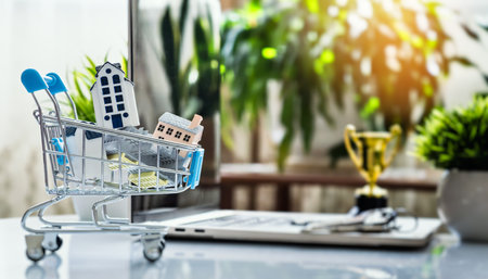 Miniature houses in shopping cart on office desk symbolize real estate investment, property purchase decisions, and housing market opportunities.の写真素材