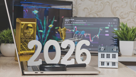 Financial planning concept for 2026 featuring gold, real estate, stock trading, and a magnifying...