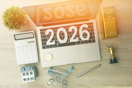 Laptop with 2026 on screen surrounded by calculator, house, gold bar, and bitcoin symbolizing future...