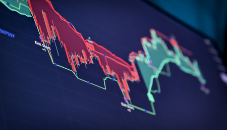 Close-up of a financial trading chart with candlesticks and indicators showing a market decline...
