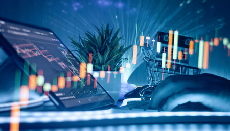 Futuristic concept of real estate investment with house in shopping cart, stock charts, and hands using a keyboard for analysis.の写真素材