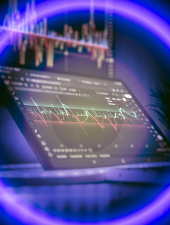 Close-up of a trading tablet displaying a volatile financial chart with colorful neon lighting and...