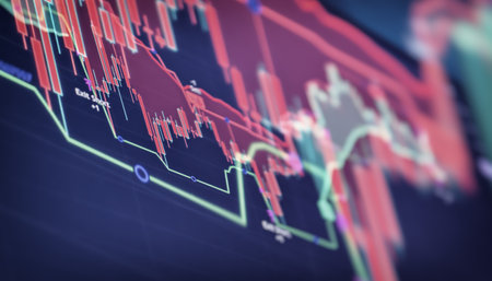 Close-up of a financial trading chart with candlesticks and indicators showing a market decline...