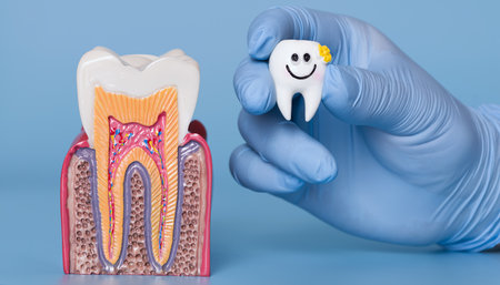 anatomical model showing healthy tooth structure beside a smiling cartoon tooth figure held by a...