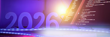 Abstract tech background showing 2026 numbers beside colorful programming code, symbolizing modern...
