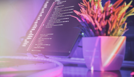 Colorful and stylish workspace featuring a screen with code and a decorative plant, symbolizing...