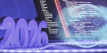 Futuristic scene featuring 2026 text, code on screen, and a glowing digital globe, symbolizing...