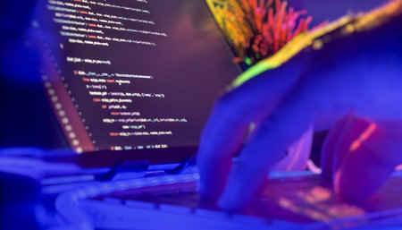 Close-up of hands typing Python code on keyboard in a vibrant, neon-lit environment, representing...