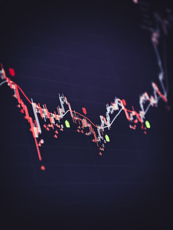 Digital financial chart showing a sharp market decline with red candlesticks and trend lines,...