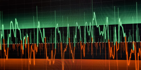 Abstract financial graph with green and red lines showing market volatility and price movement,...