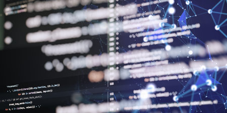 Blurry programming code overlaid with a glowing digital network, symbolizing data flow,...
