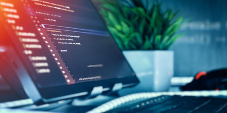 Close-up of a developers desk showing code on a monitor, keyboard, and a potted plant in a clean...