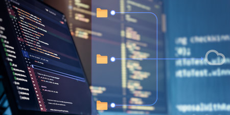 Programming screen with cloud upload icons and folder paths, symbolizing cloud storage, version...