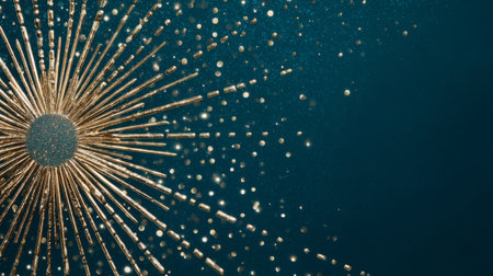 Suspended golden sunburst ring sparkles against a dark teal backdrop, soft light rays creating luxurious copy space perfect for festive branding.の素材