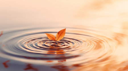 Minimalist scene of fresh green leaves resting gently on water, creating circular ripples on a smooth gray background.の素材