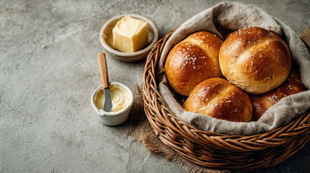 Golden brown dinner rolls served warm in a rustic wicker basket with a dish of creamy butter and natural morning light.の素材